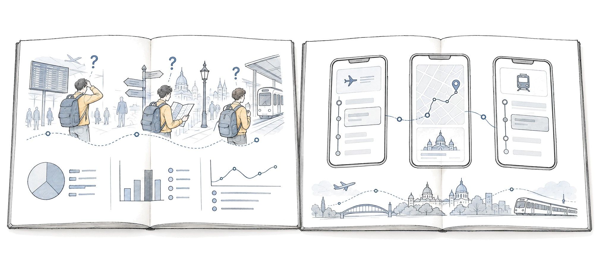 An open sketchbook with research about confused travelers on the left and finished app screens on the right.