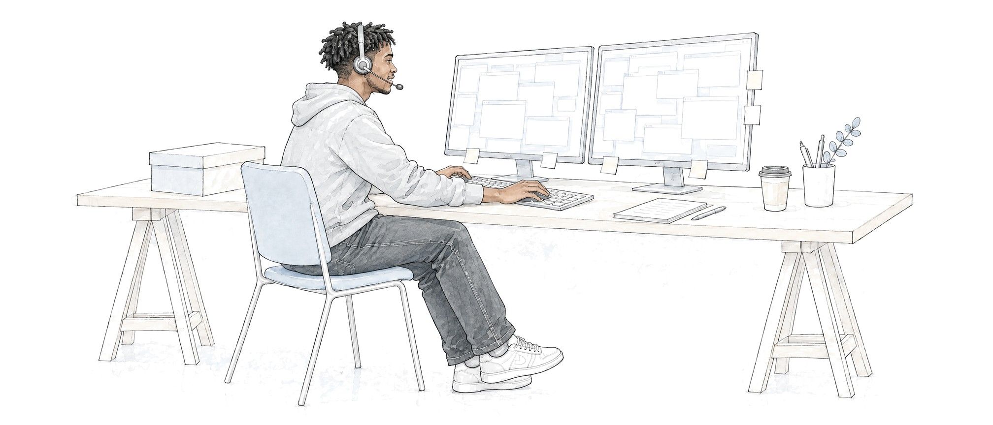 A young man in a gray hoodie at a desk with two monitors, helping a customer.