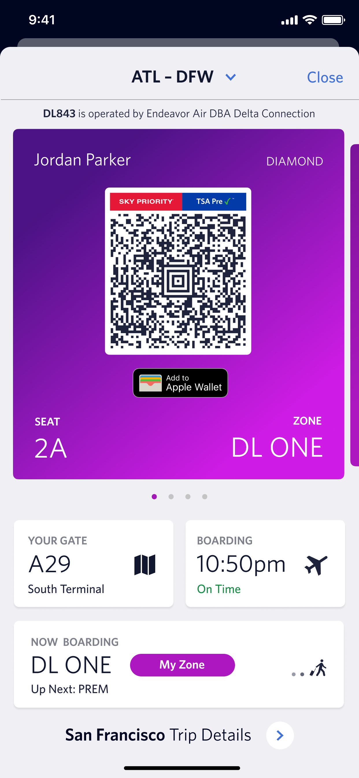 Today study, February 2020: the app at the gate, with the boarding pass, gate and zone in one view.