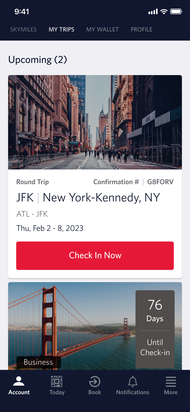 The 2023 trip screen, with a booked trip surrounded by destination photography.