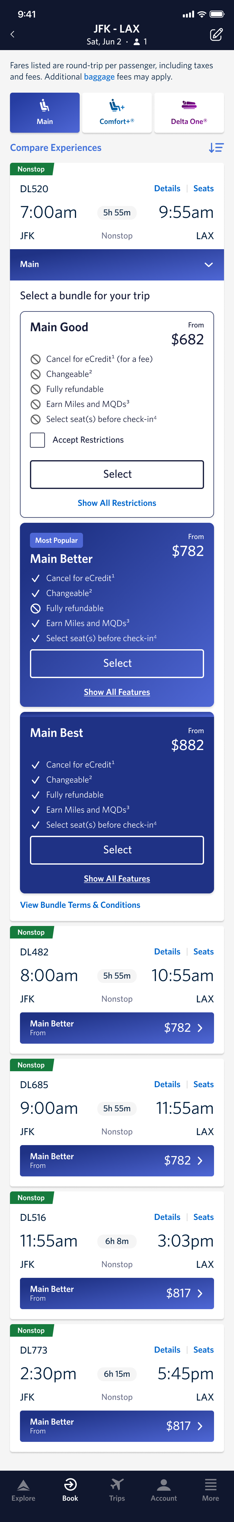 Shopping concept, April 2024: a drawer showing cabin and bundle beside the flight, the top of a longer screen.