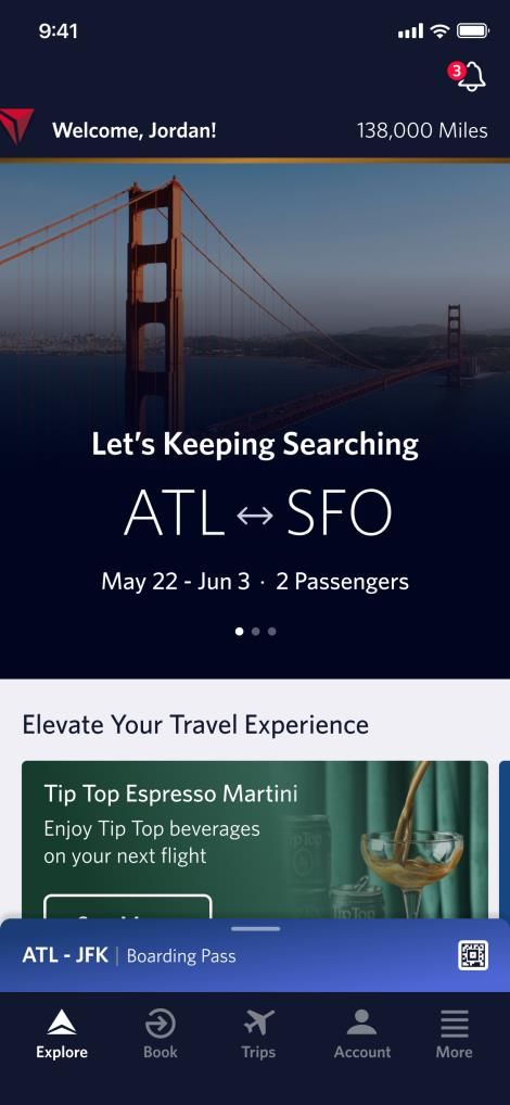 The May 2024 Explore screen, with destination inspiration in a place of its own.