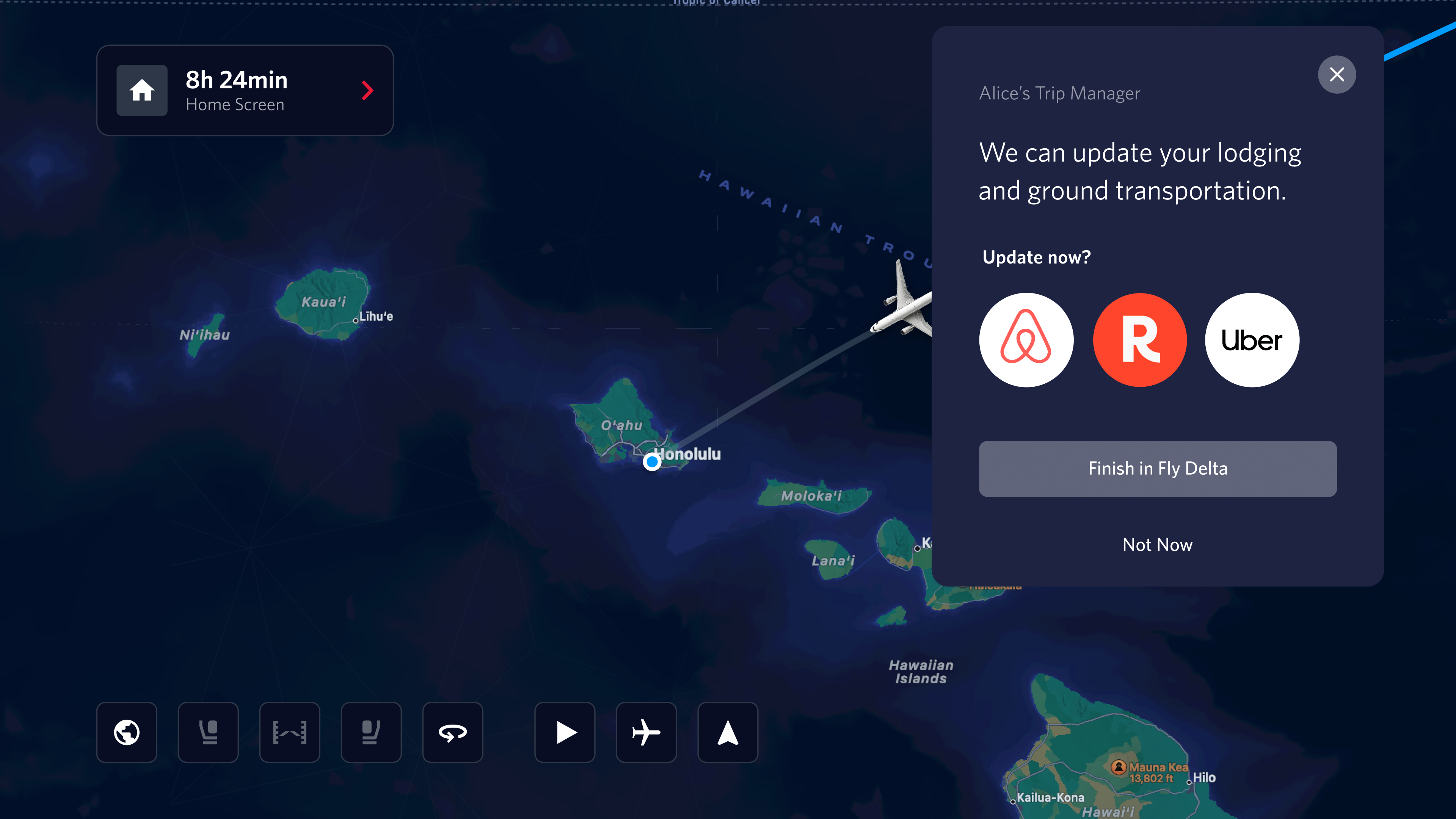 Concept: the seatback offers help and directs the next step to Fly Delta on her phone.