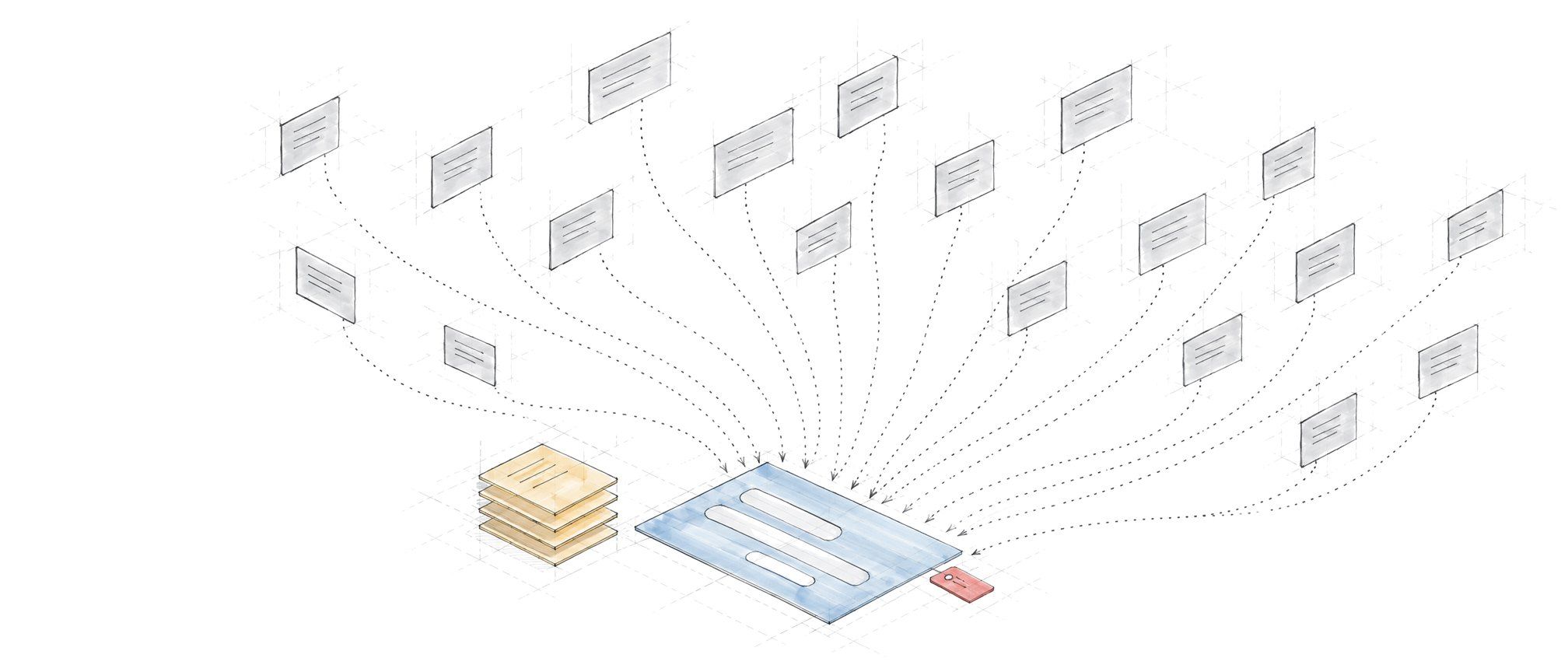 More than twenty tool windows connected by dotted lines to one conversation. One key, a phone number or email address, brings them together.