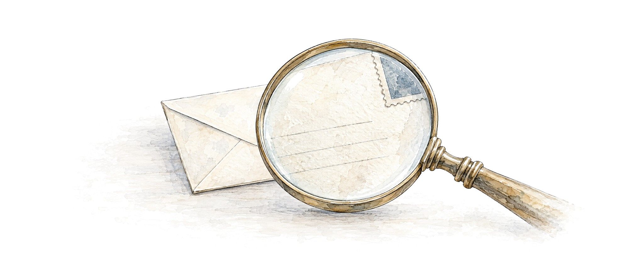 A magnifying glass examining the outside of a sealed envelope.
