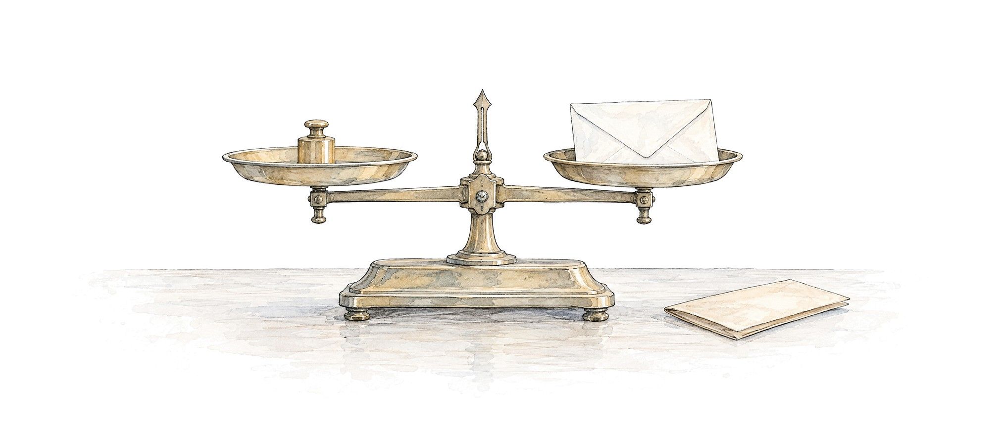 A brass balance weighing an empty envelope while its letter lies on the table beside it.