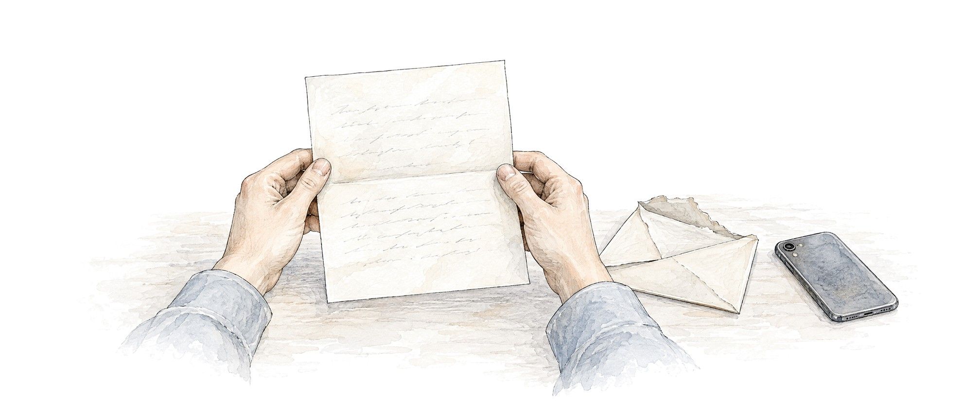 Two hands unfold a letter to read it, with the opened envelope and a face-down phone on the table.
