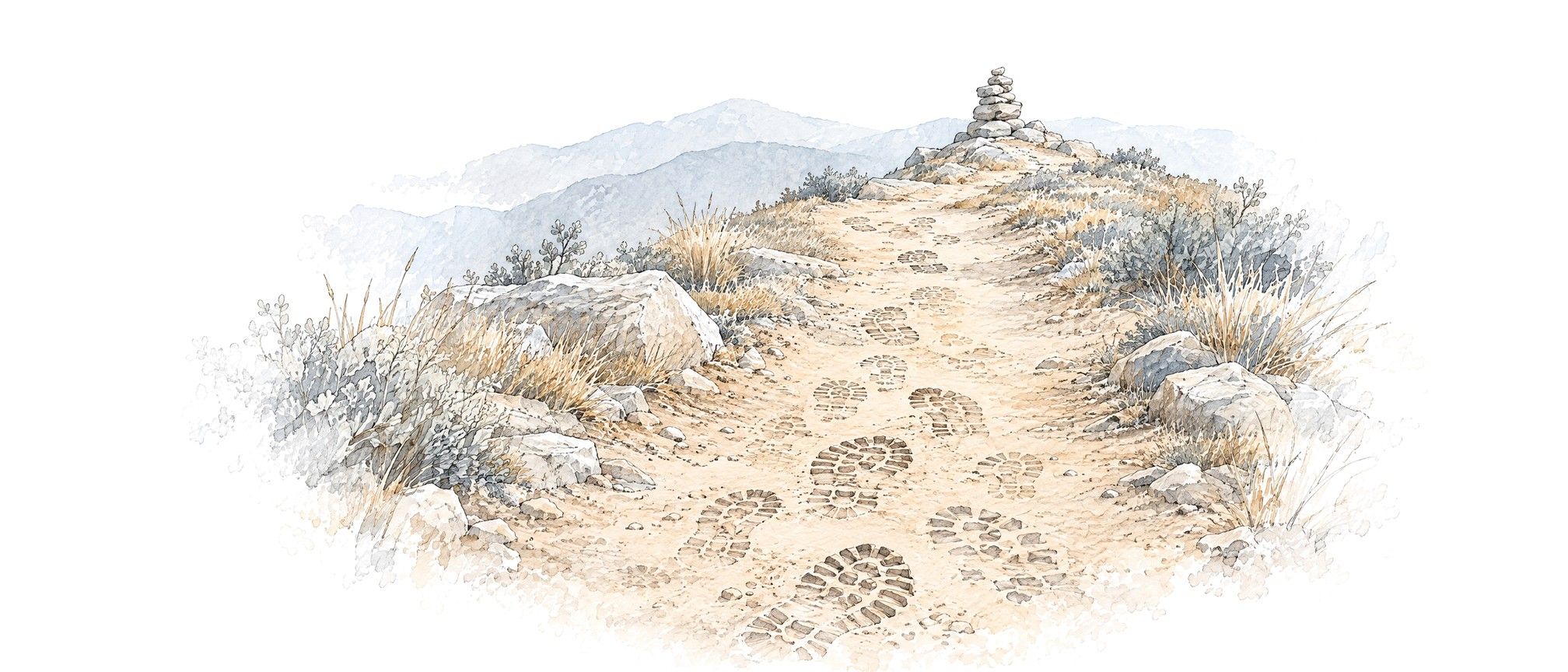 A dusty hiking trail packed with older and newer boot prints, climbing toward a stone cairn.
