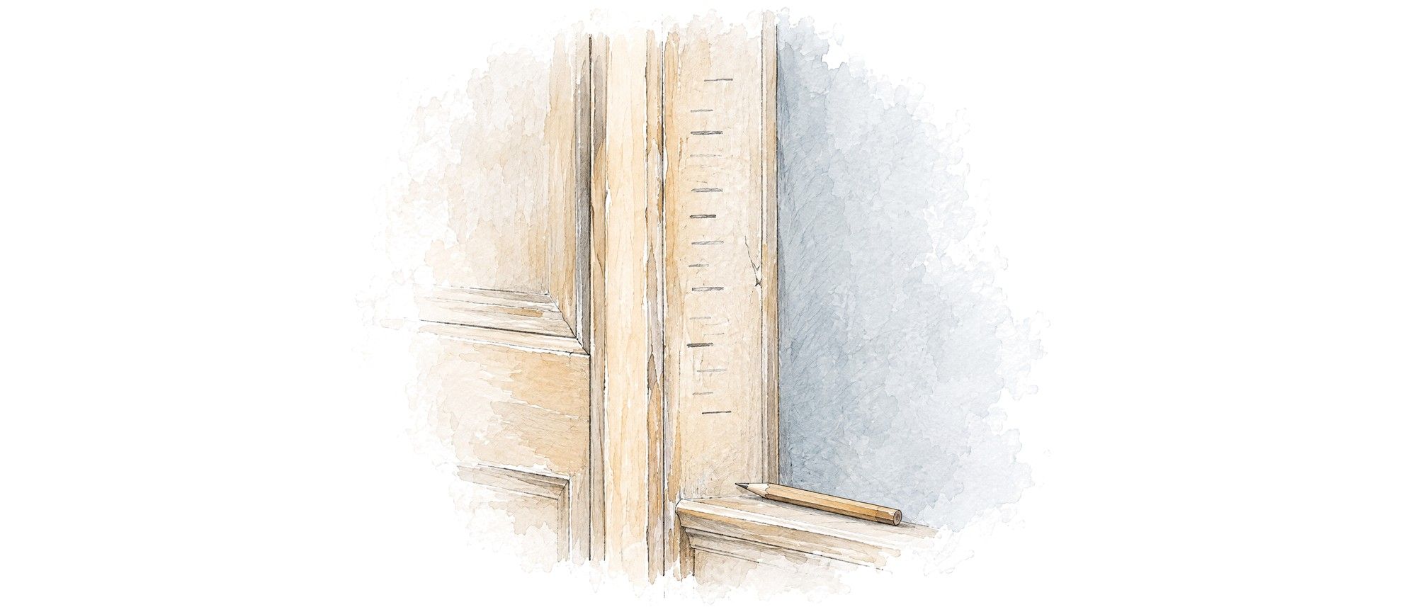 A door frame marked with pencil height lines climbing upward over the years.