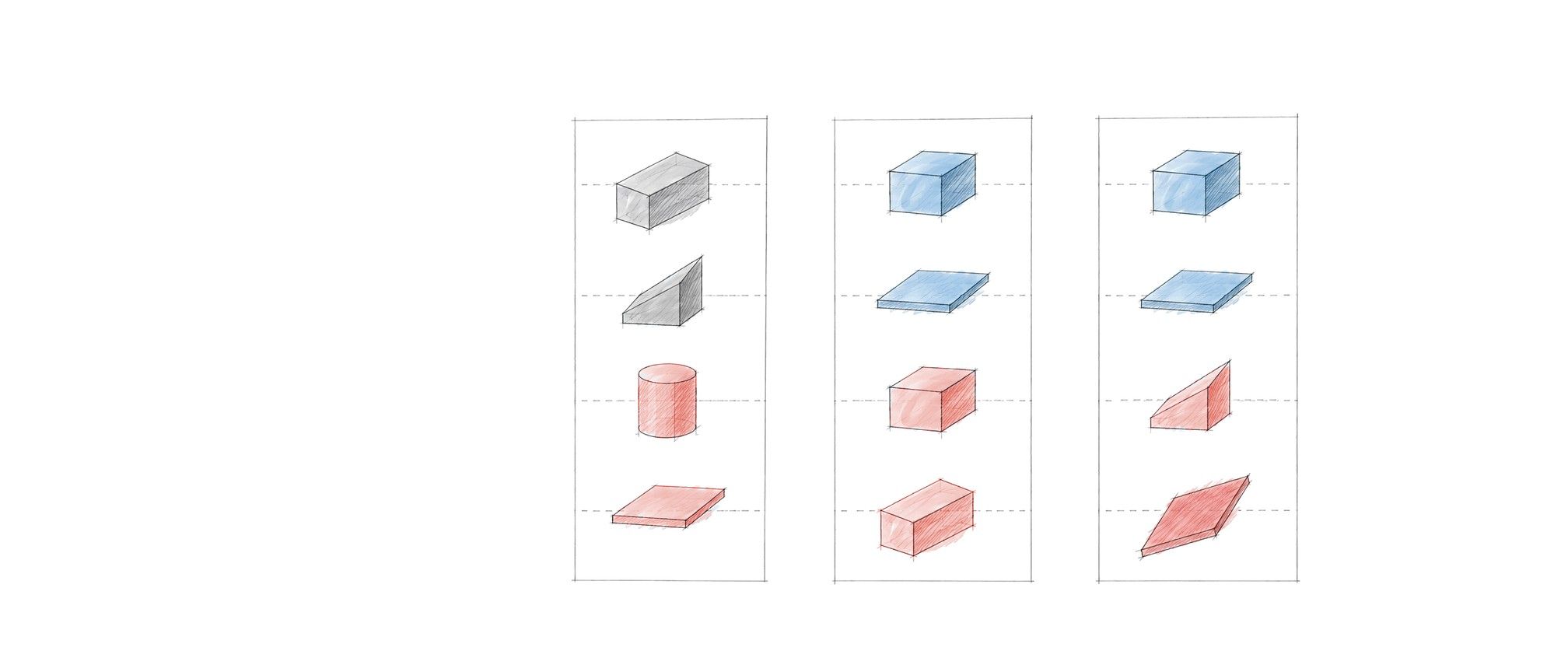 A grid of four capabilities built for employee tools, delta.com and Fly Delta. Blue shapes are built the same way, gray ones differ on purpose, red ones were built separately and have drifted apart.