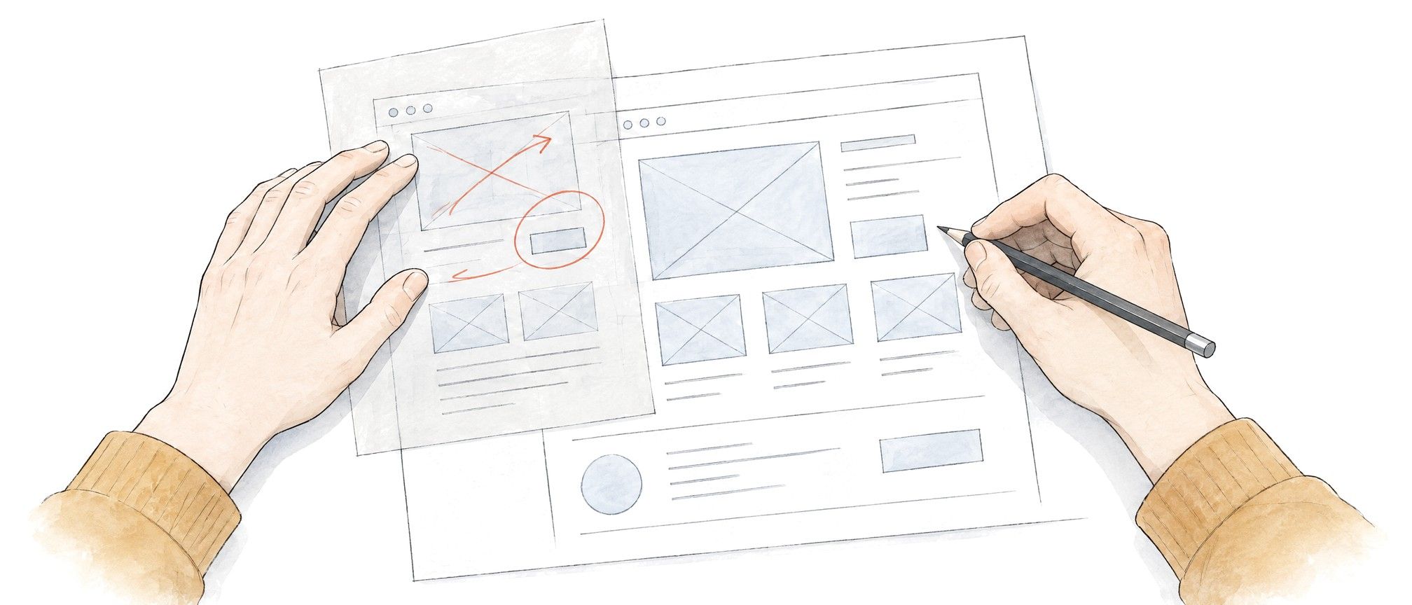 One hand draws a page layout while the other holds a tracing sheet with red review marks over it.