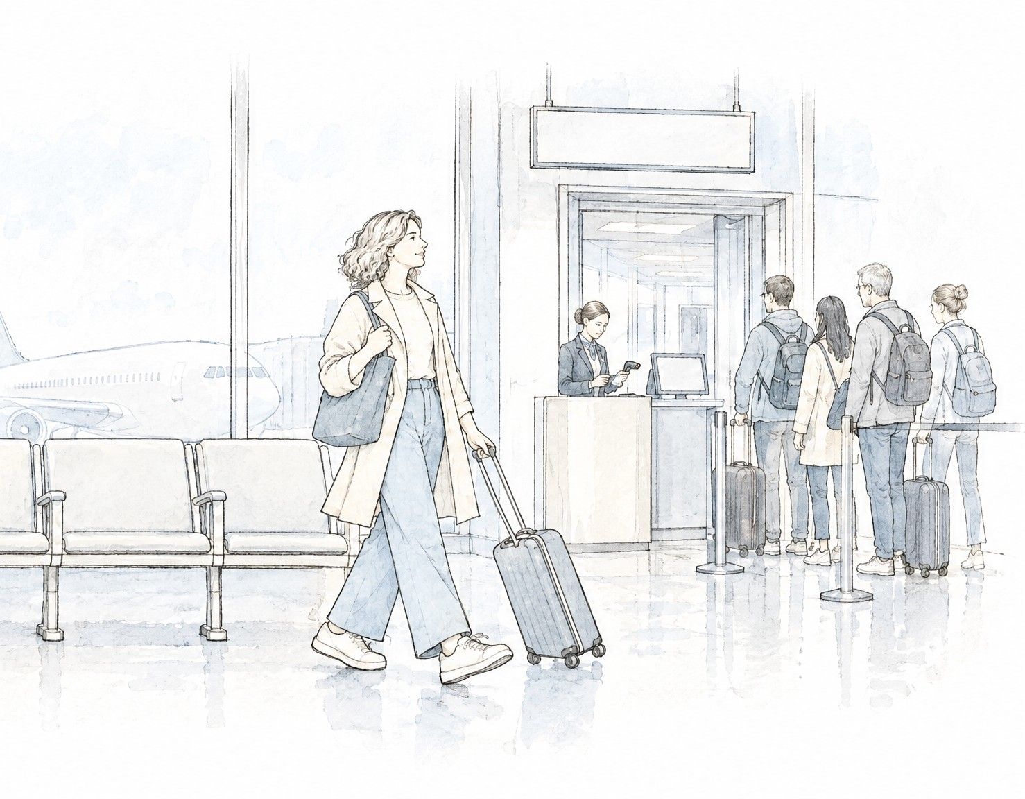 A traveler with a rolling suitcase walks past seated passengers toward a boarding gate.