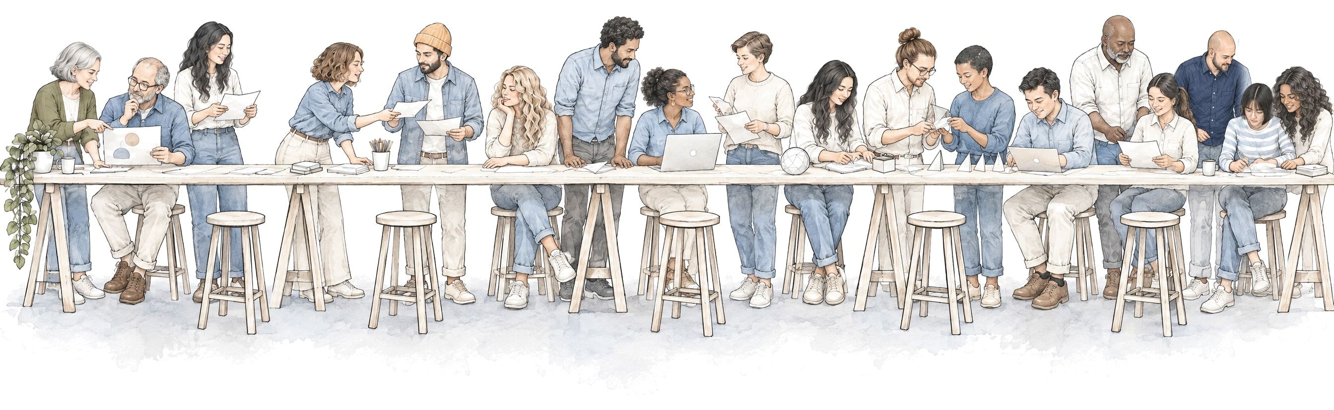 Pencil-and-wash drawing of eighteen designers along a long work table, sketching, talking and reviewing work together.