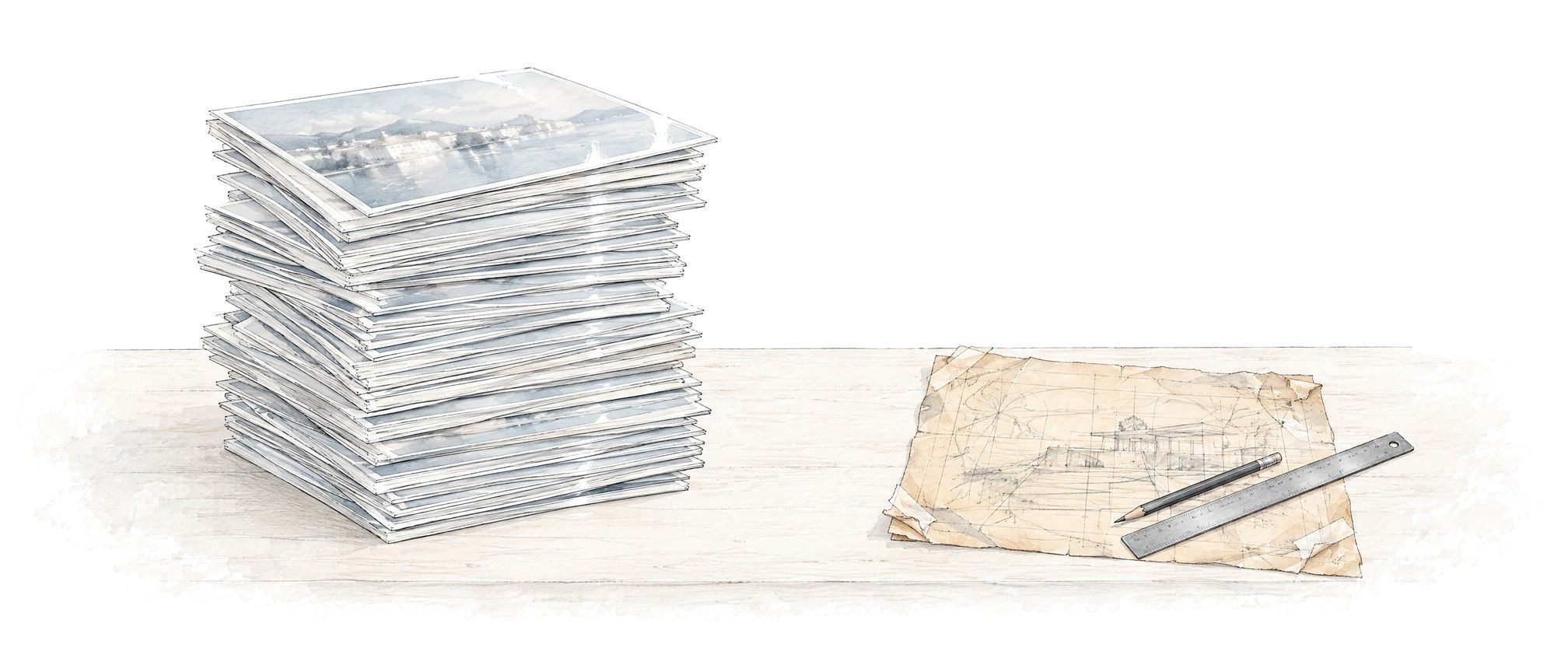 A tall stack of identical glossy presentation boards beside one creased, heavily worked technical drawing with a pencil and ruler.
