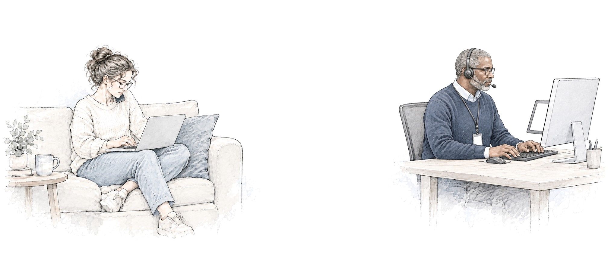 A woman on her sofa with a laptop and a reservation specialist with a headset at his desk, both looking at the same booking.