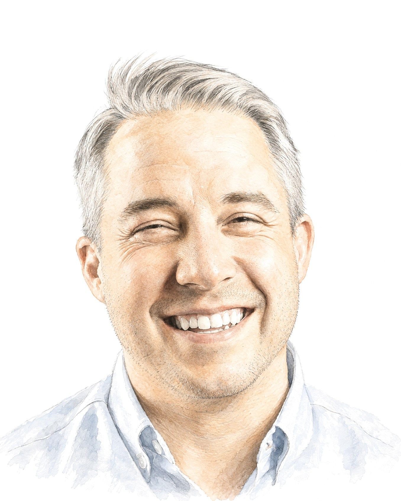 Pencil-and-wash portrait of Mike Hickman, smiling, in an open-collar shirt.