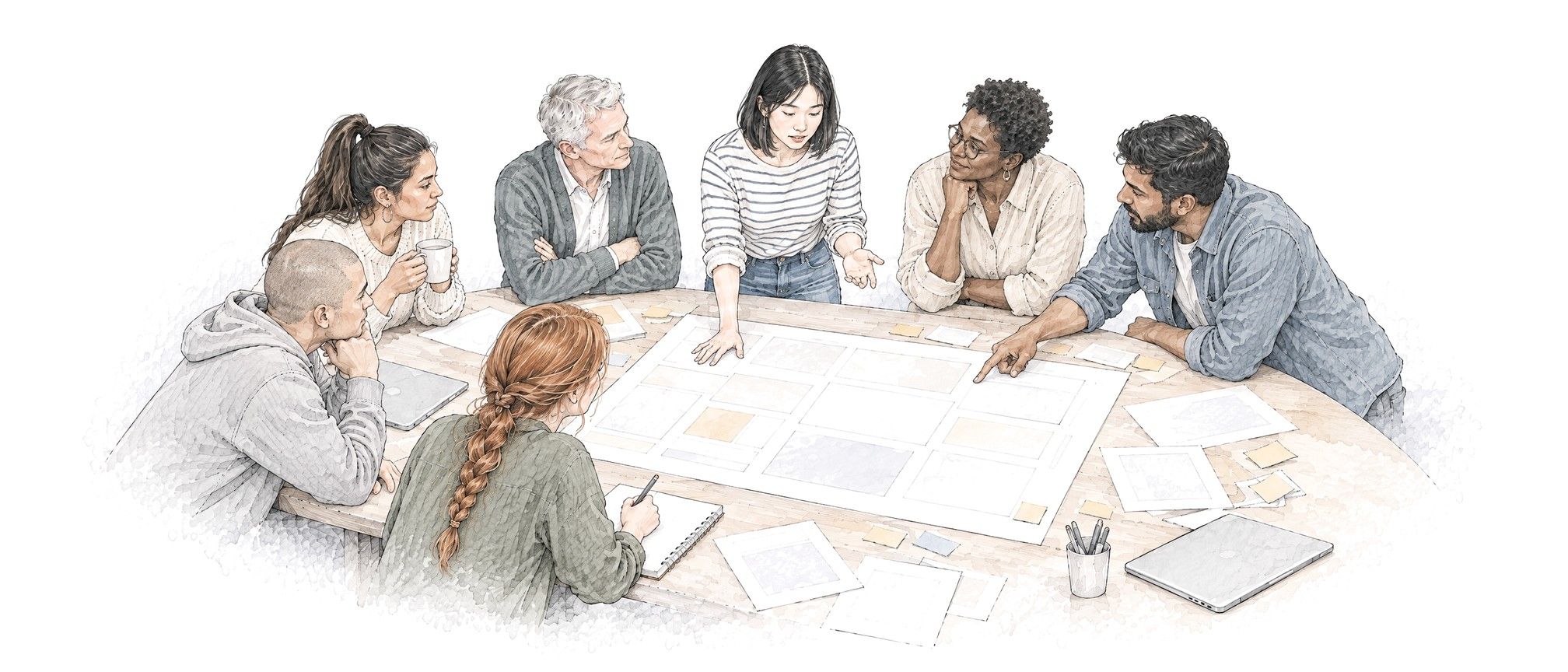 Seven people around a table; a young woman presents a board while colleagues listen and take notes.