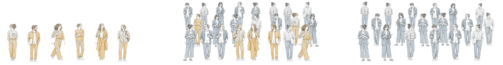Three groups of small pencil figures: six designers, then twenty-three, then eighteen. The six original members are washed in ochre.