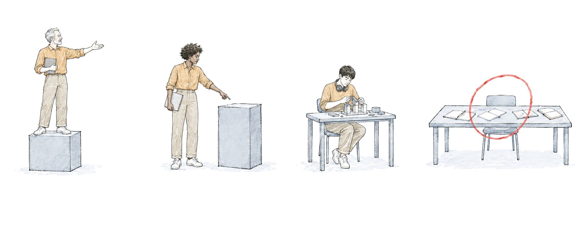 Four figures: a man on a pedestal pointing (Coiners), a man pointing from beside a plinth (Advisors), a man building at a workbench (Builders), and an empty chair at a team table circled in red (Team practice).