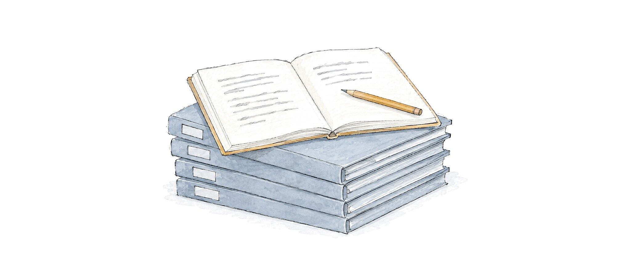 An open logbook with a pencil, resting on a stack of closed, finished books.