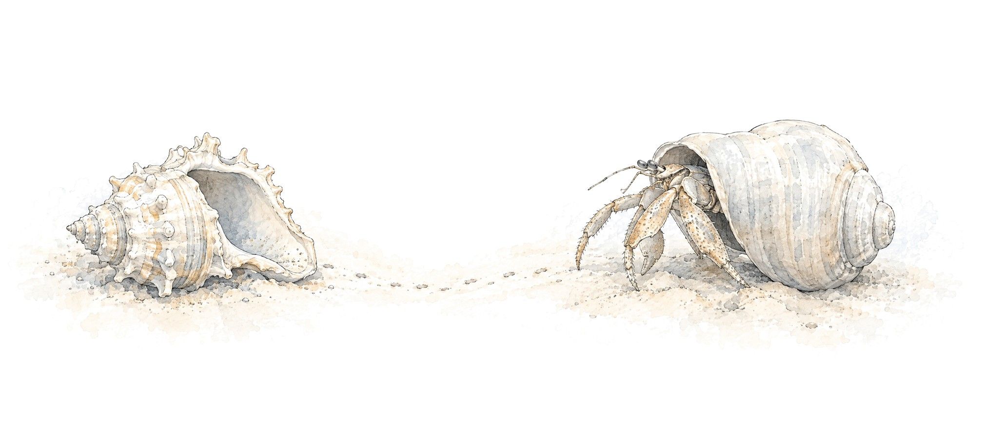 A hermit crab leaves an ornate old shell for a plain new one, with tracks in the sand between them.